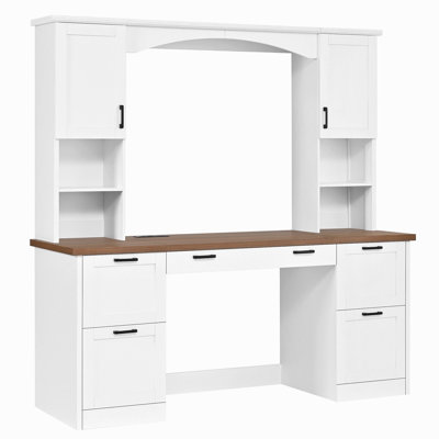 Bureau d'ordinateur Farmhouse arqué avec huche, poste de travail Mid-Century en noyer avec station de charge et plateau pour clavier, bureau d'écriture tout-en-un avec tiroir pour bureau, blanc