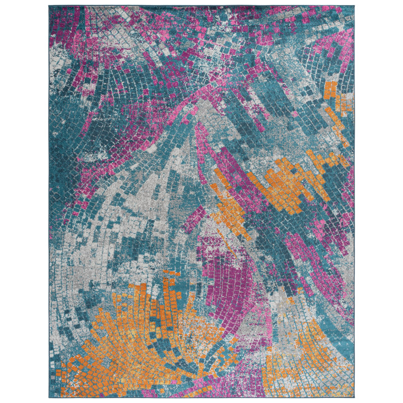 Tapis abstrait bleu / jaune Felty, Rectangle 8 pi x 10 pi