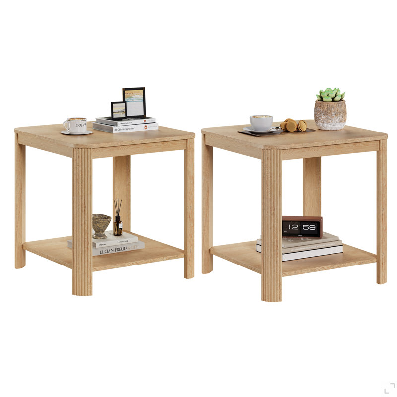 Ensemble de tables de bout d'angle arrondies de 2 - table de chevet carrée de 22,1 po avec pieds à vagues verticales, table d'appoint Boho à 2 niveaux pour le salon, la chambre à coucher et le bureau personnel