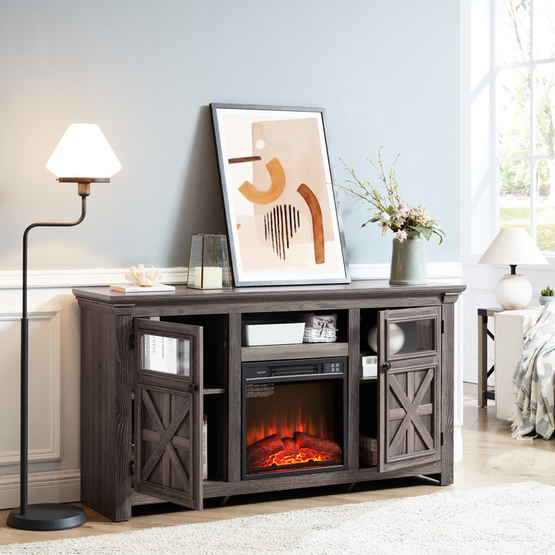 Meuble télé Style avec foyer et découpes pour câbles, gris, l 59,27 po x P 15,12 po, H 31,7 po, pour téléviseurs de 65 po