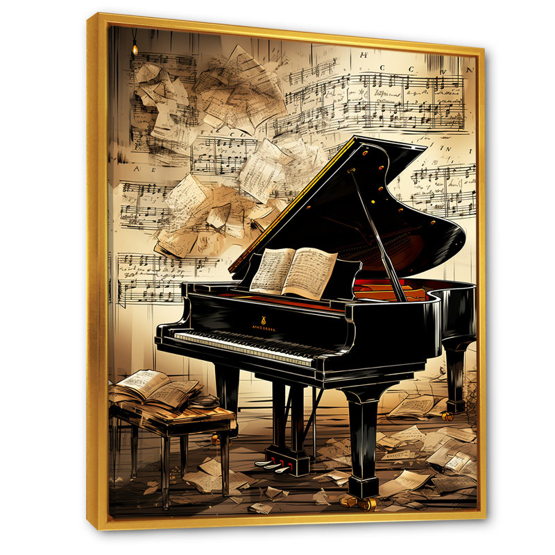 Classical Black Piano Sonata I - Piano, art mural, H 32 po x l 16 po x P 1 po, Cadre flottant doré