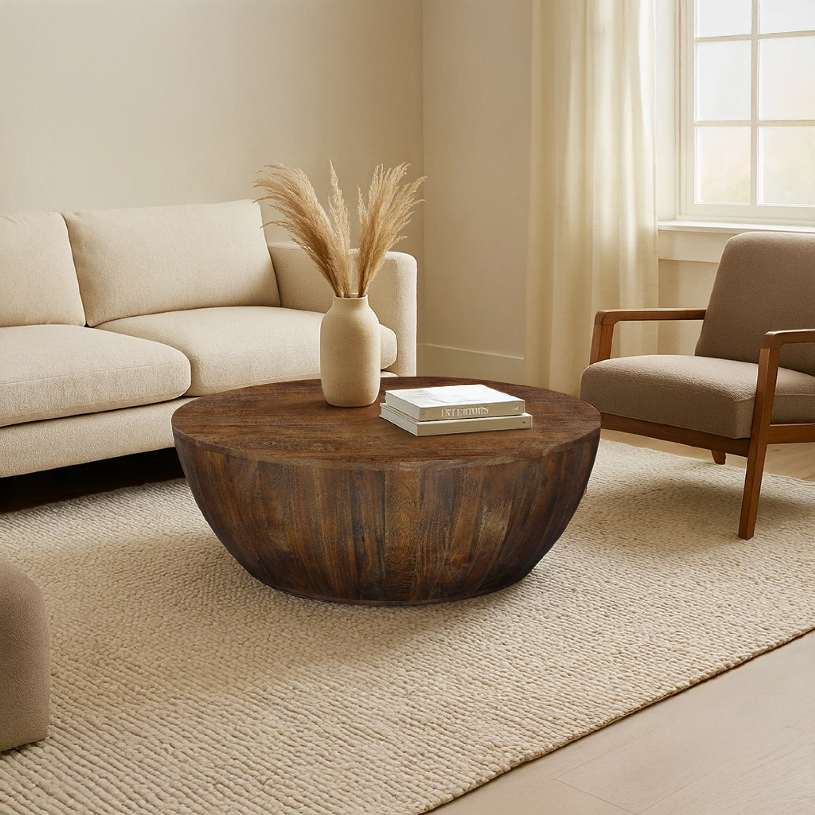 Teasdale Solid Wood Single Drum Coffee Table, Sandblasted Walnut Brown