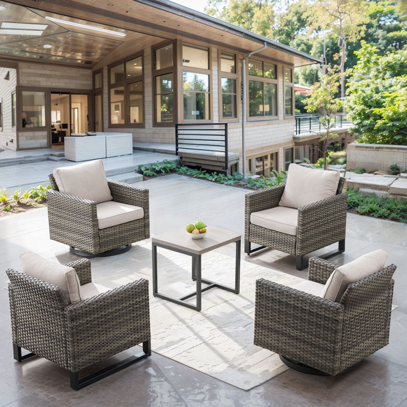 Naresa 5-Piece Outdoor Wicker Furniture Set  2 Swivel Glider Chairs, 2 Patio Chairs & Side Table, Beige