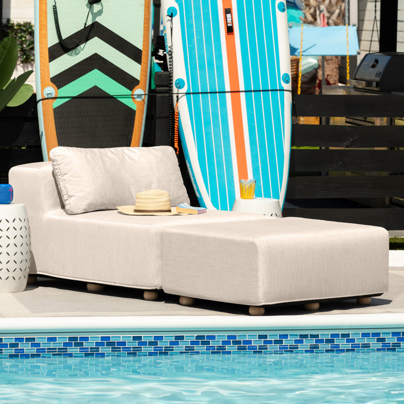 Vada Outdoor Sun Lounger – Luxury Modular Chaise & Ottoman With Sunbrella Fabric & Waterproof Cover - Sunbrella Breeze, Cream