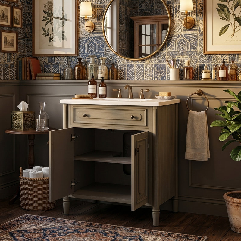 Meuble-lavabo 30 po avec lavabo intégré en céramique, armoire en bois massif et tablette réglable (gris antique)