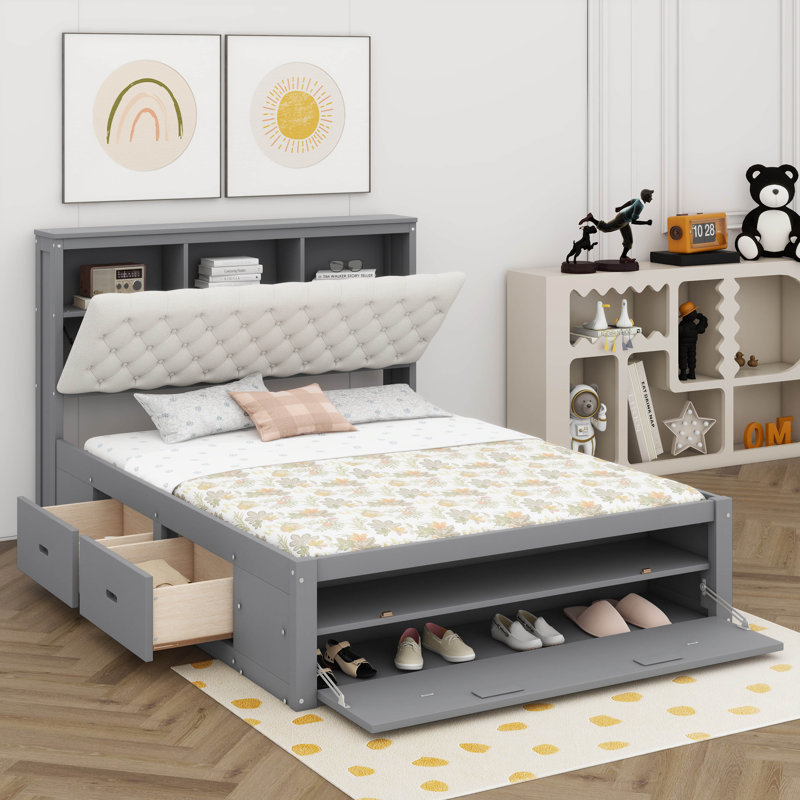 Grand lit plateforme en bois avec tête de lit, Gris