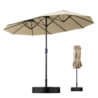 15' Large Patio Umbrella with Base, Outdoor Double-Sided Rectangle Market Table Umbrella with Push Button Crank Handle, Outside Umbrellas with Steel Ribs
