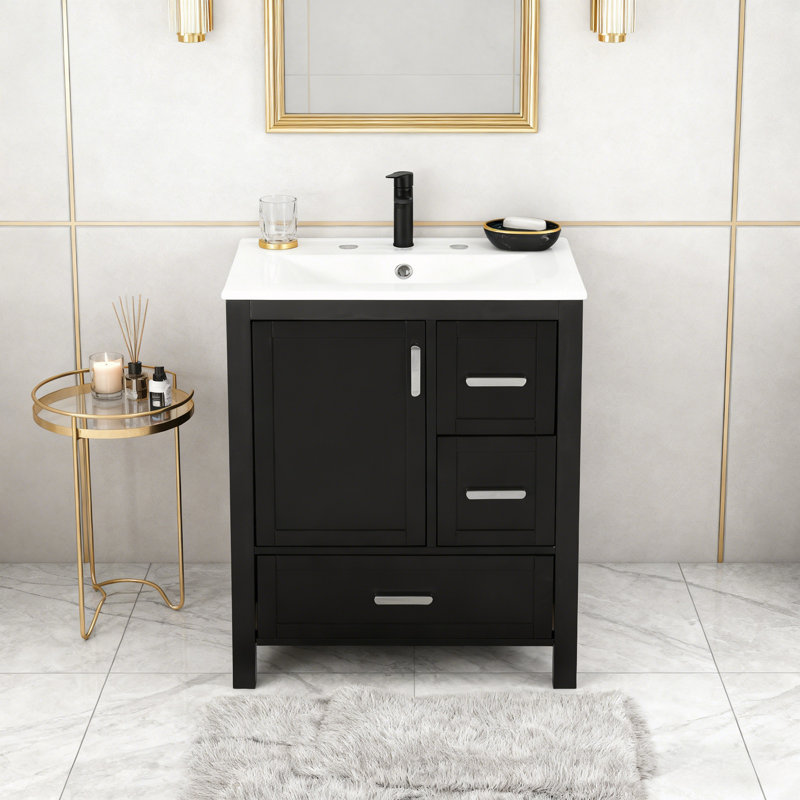 Bathroom Vanity with Ceramic Sink, Double-Layer Door Shelf and 3 Drawers, Black/Silver