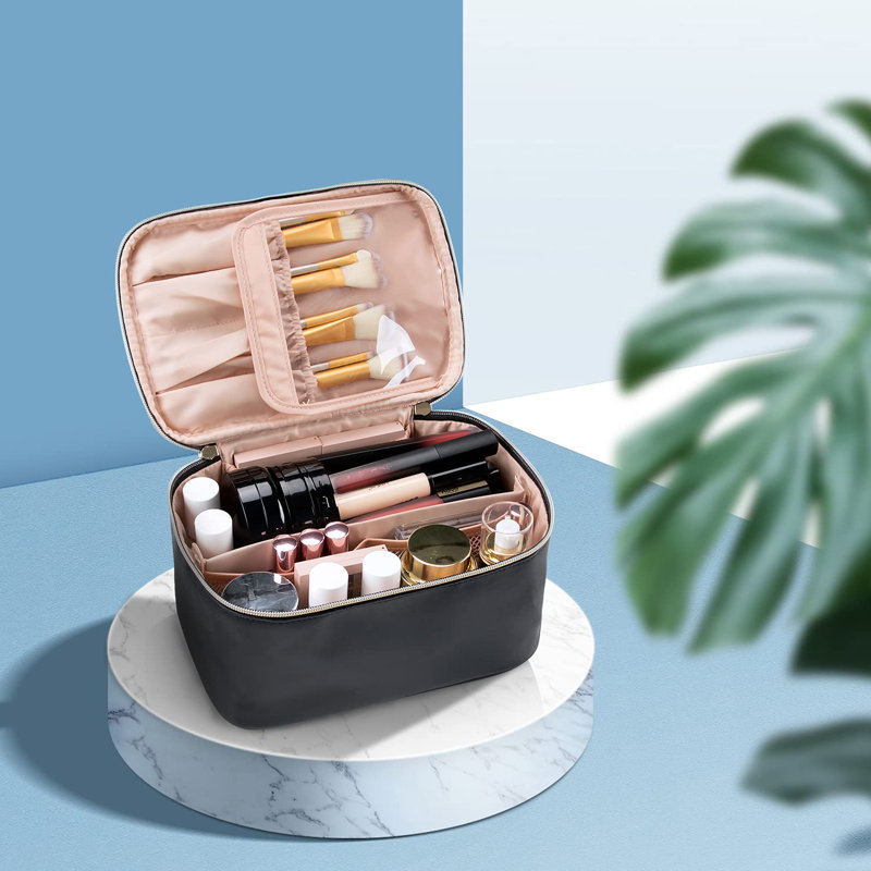Trousse à maquillage, trousse à maquillage portable, trousse de rangement de grande capacité, trousse de toilette noire avec poignée et cloison