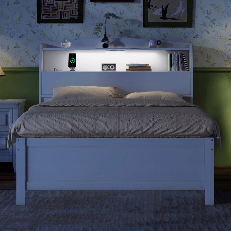 Lit plateforme double en bois avec lit gigogne, tête de lit et tiroirs, Blanc