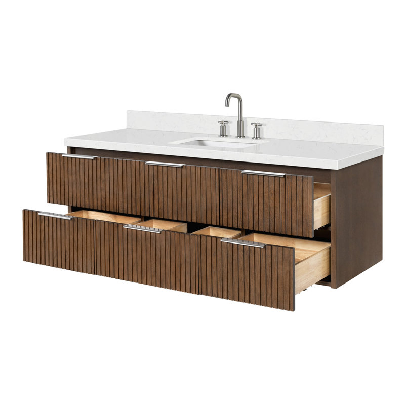 Meuble-lavabo mural simple 60 po avec comptoir à quartz blanc Carrara de 1,5 po Mulloy, Rectangulaire, Chêne brun