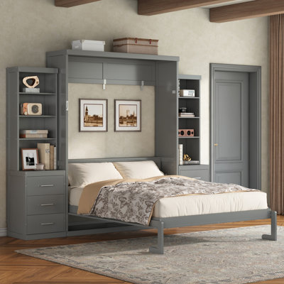 Lit escamotable double avec tablettes de rangement et tiroirs, gris