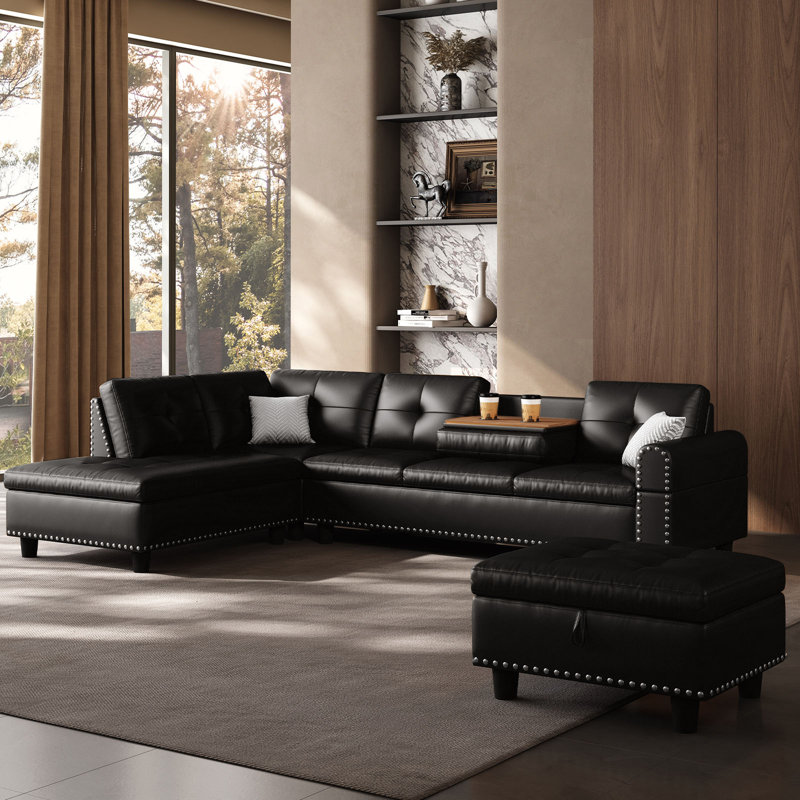 Canapé en cuir surdimensionné de 97,5 po pour canapé de salon en forme de L avec repose-pieds, Black