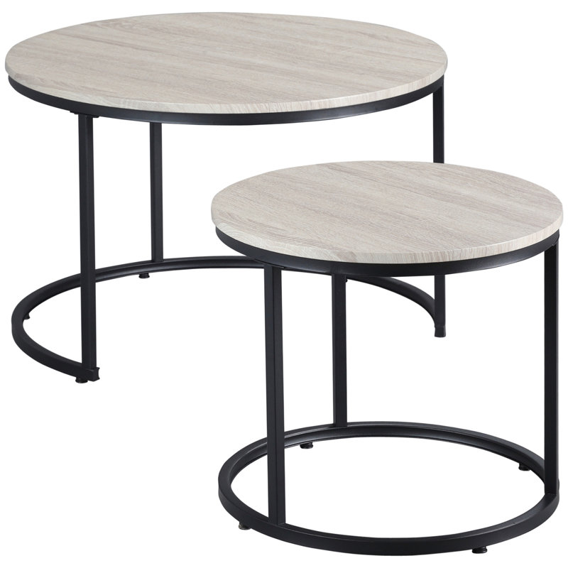 Round Light Brown Wood and Black Metal Nesting Coffee Tables Set