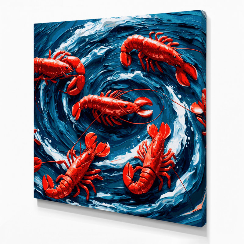 Art mural sur toile, "Nautical Lobsters", H 8 po x l 8 po
