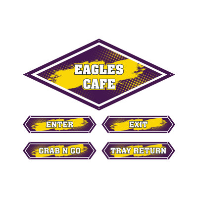 AmTab - Serving-Décor-S02-B-EC - Serving Area Signage (5 pieces) - Style 2 - Eagles
Café Sign: 24"W x 72"L
Enter Sign:  8.5"W x 36"L
Exit Sign:  8.5"W x 36"L
Grab N Go Sign:  8.5"W x 36"L
Tray Return Sign:  8.5"W x 36"L