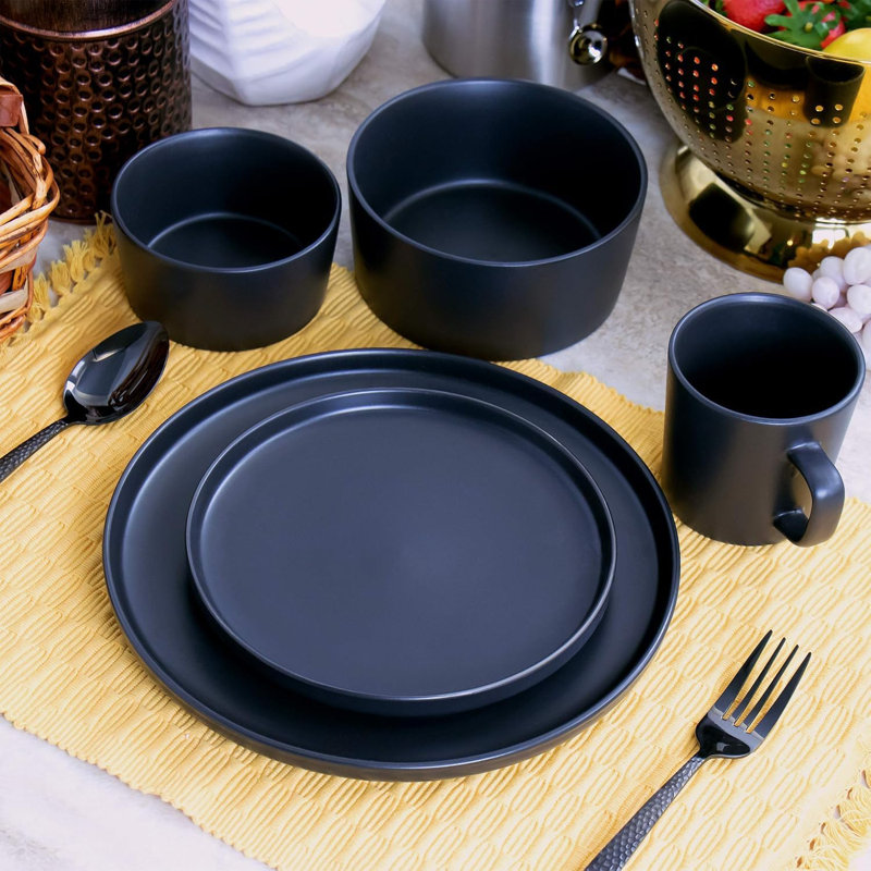 Ensemble 20 pièces de vaisselle en grès mat - Assiettes, bols et tasses ronds modernes, Noir