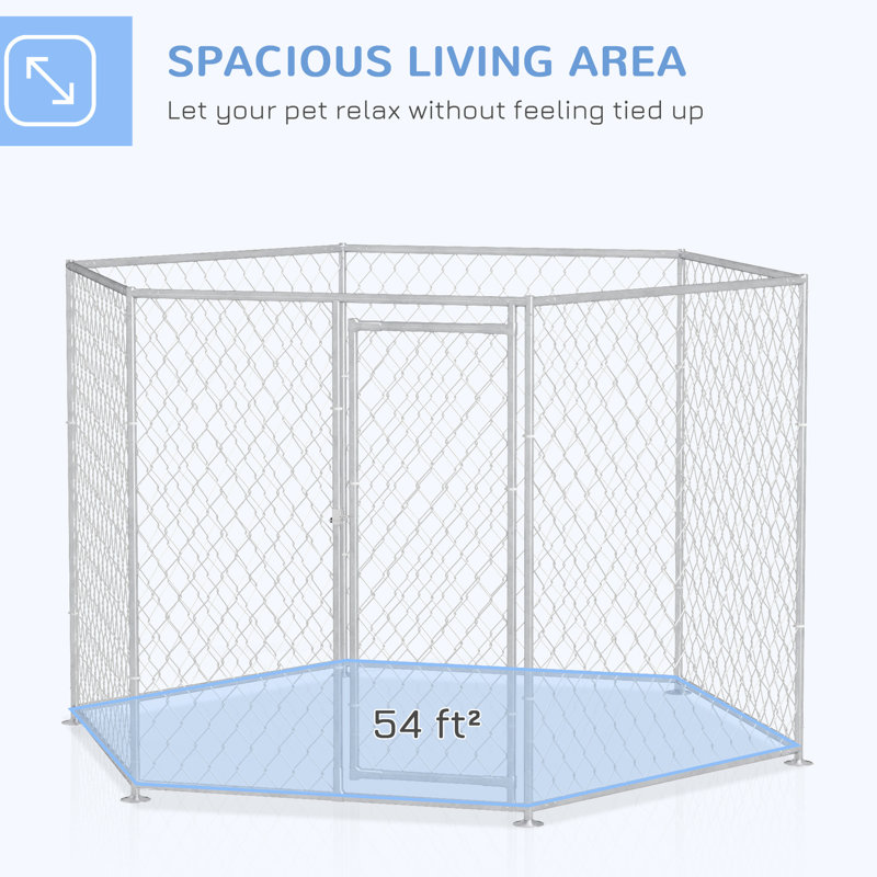 Piste pour chien 9,2 pi x 8 pi 5,6 pi, argent Extérieur pour chiens de taille moyenne et grande. Entrée verrouillable sécurisée. Espace spacieux et relaxant. Weather-. Méthode d'installation facile pour une entrée de taille moyenne à grande. Relaxant.