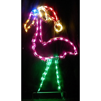Small Flamingo with Santa Hat Nautical Christmas Lighted Display
