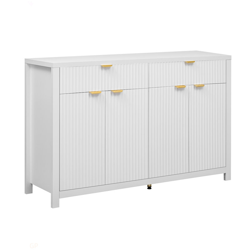 Modern 55.1'' Sideboard Buffet Cabinet With 2 Drawers & 4 Doors, Adjustable Shelves, Wave-Pattern Design, Aluminum Handles, Painted MDF, Scandinavian Storage For Dining Room, Living Room