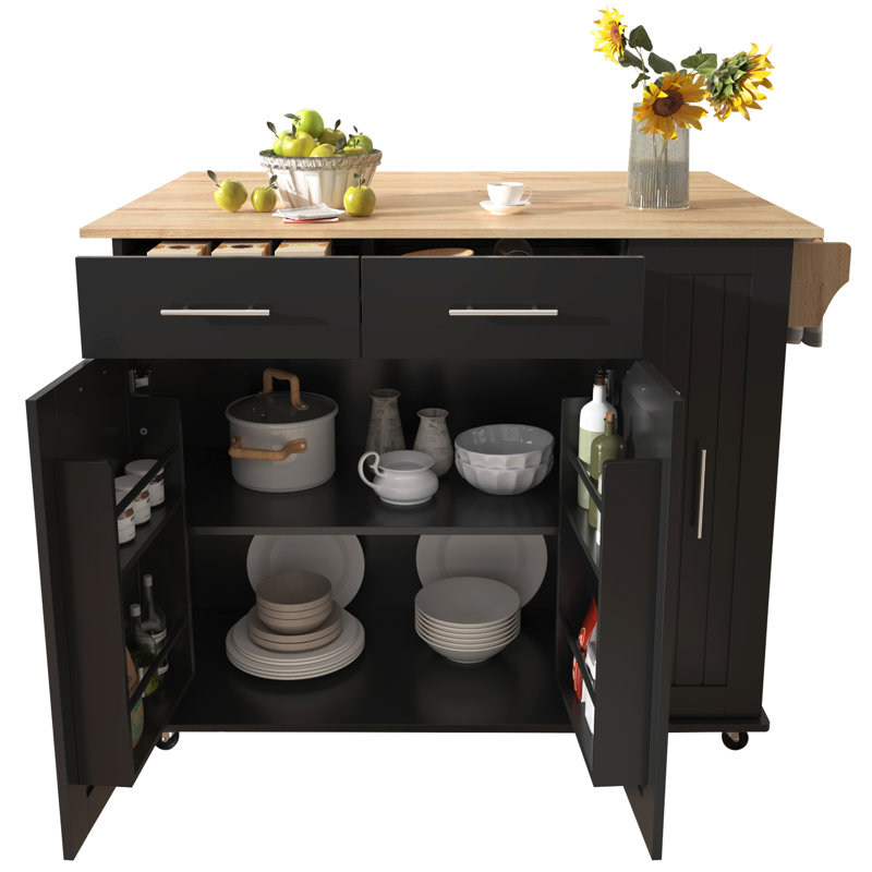Rolling Kitchen Island With Drop Leaf, Storage Cart With Pull-Out Cabinet Organizer, Towel Rack, And 2 Drawers, Black | Gift Idea