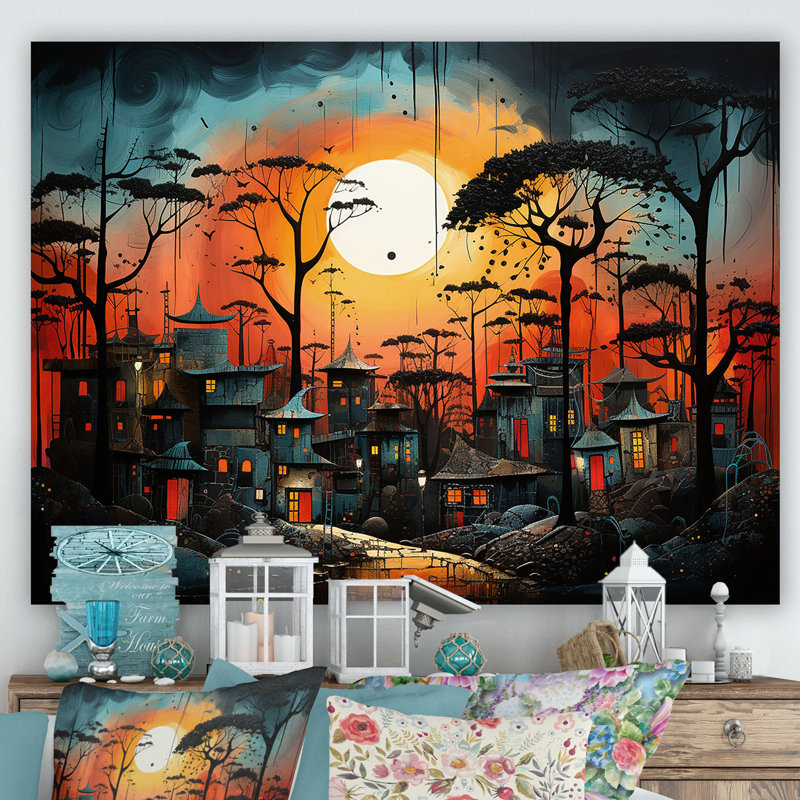 Orange pygmée africain, «Village», art mural tribal africain, Toile tendue, H 16 po x l 32 po x P 1 po