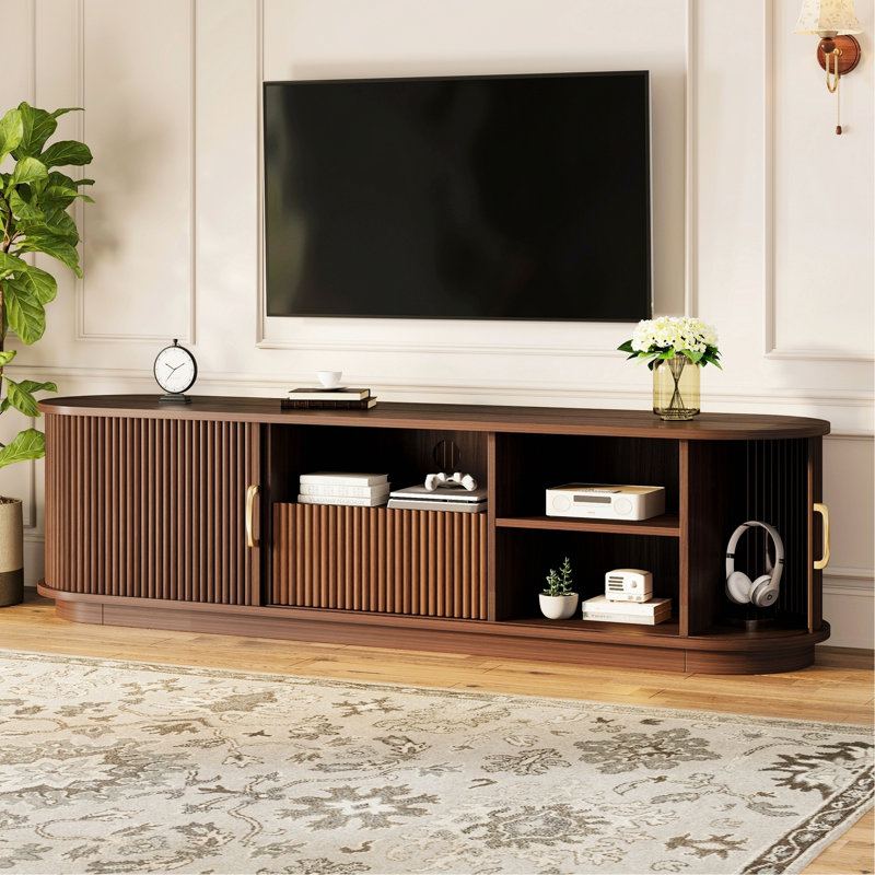 Rustic TV Stand With Sliding Wood Slatted Doors For Tvs Up To 75", Farmhouse Fluted TV Cabinet With Drawer And Cable Management For Living Room, Bedroom