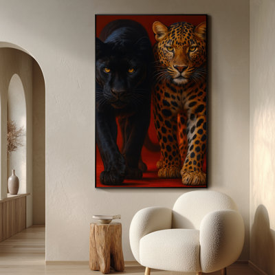 Extra Large Wall Art Fabric Print - Black Panther and Leopard Walking Duo on Red Artwork Decor for Living Room or Bedroom - "Frame Assembly Required (Unfinished Frame)"