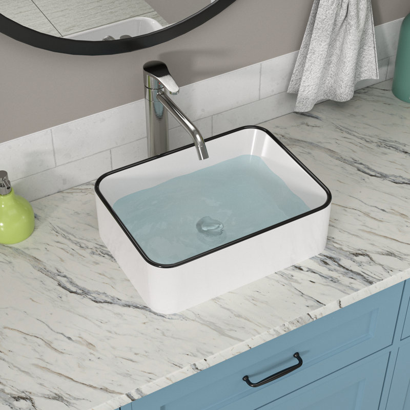 16" L x 12" W Rectangular Ceramic Vessel Bathroom Sink, White/Top Black Trim
