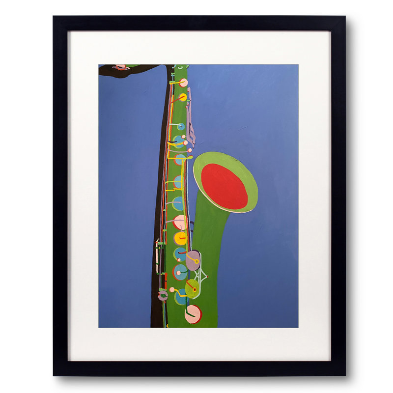 Saxophone On Blue by Sue Graef, Black Framed Paper, 20" H x 16" W