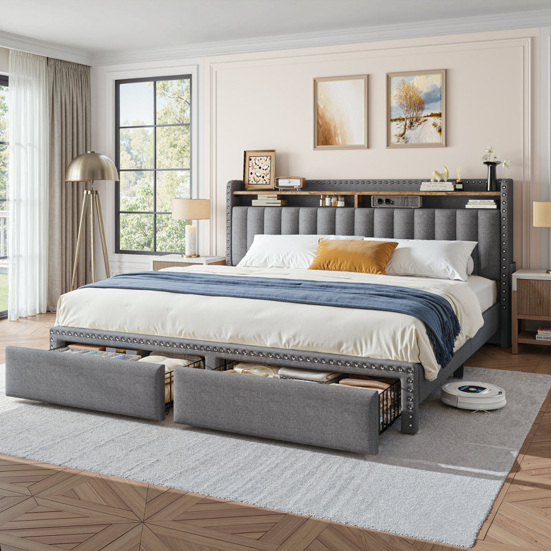 Francille Upholstered Bed Frame with 2 Drawers, 2-Tier Storage Headboard with Side Pockets, Grey, King