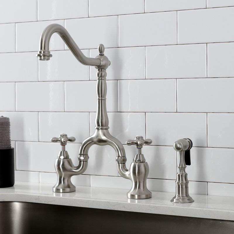 Kingston Brass English Country Two-Handle 3-Hole Deck Mount Bridge Kitchen Faucet with Brass Side Sprayer