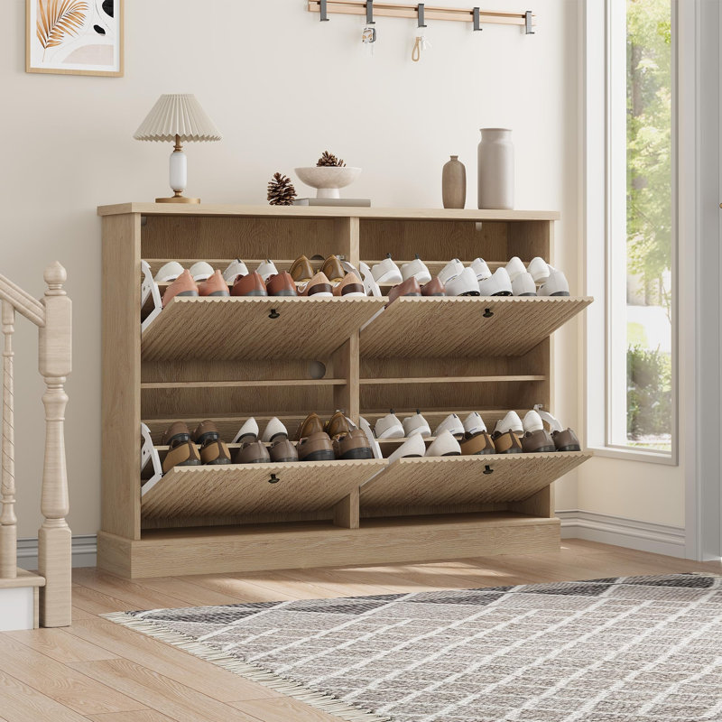 Rangement à chaussures autoportant en bois - 4 tiroirs tournants inclinables - Tablettes réglables et amovibles - Rangement à chaussures étroit et compact - parfait pour l'entrée, le couloir, le salon - chêne naturel