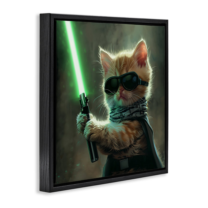 Art mural sur toile Chaton avec sabre par Jim Baldwin, Cadre flottant noir de jais, H 18 po x l 18 po