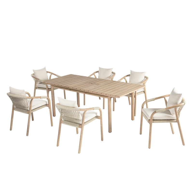 Ensemble de salle à manger extensible 7 pièces Balmor en eucalyptus avec coussins beiges Balmor, Crème, crème