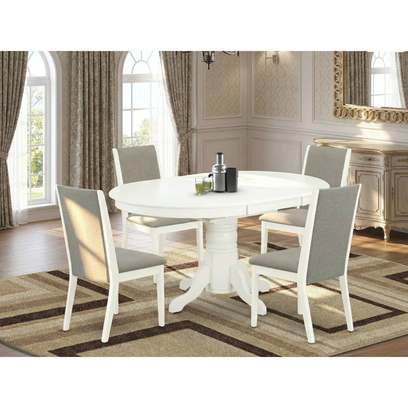 5 Piece Dining Table Set Includes an Oval Wooden Table with Butterfly Leaf and 4 Shitake Linen Fabric Parson Dining Room Chairs, Linen White