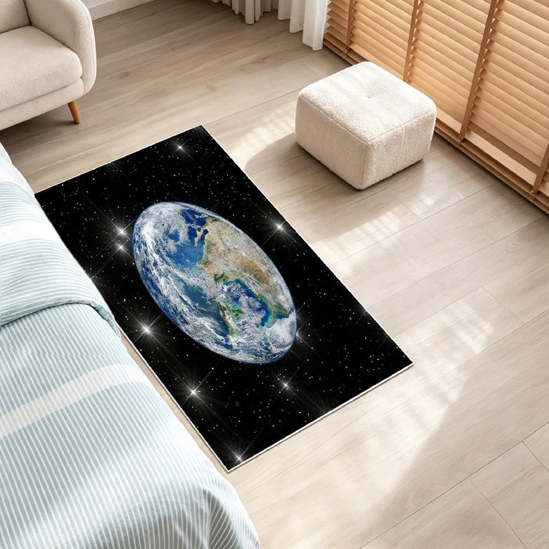 Tapis bleu lavable à la machine, espace abstrait avec terre de la Nasa, Rectangle 32" x 47"