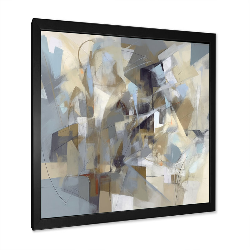 Beige et gris, Créature sans limite III - peinture abstraite, art mural, H 16 po x l 16 po x P 1 po, Cadre photo noir