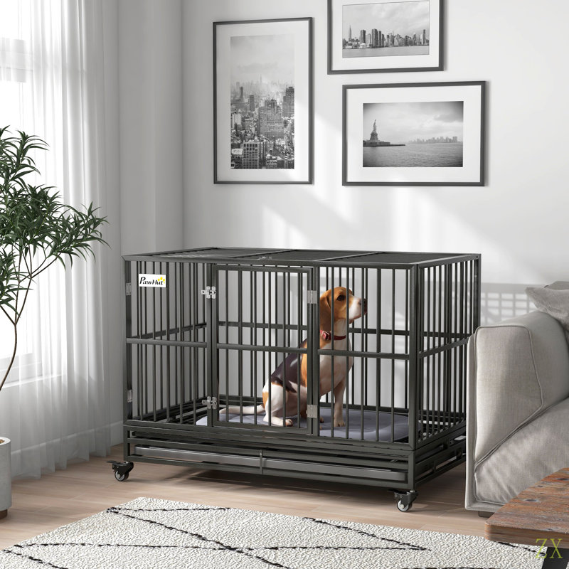 Cage à chien en cage robuste de 48 po Pawhut avec roues verrouillables, porte double et plateau amovible