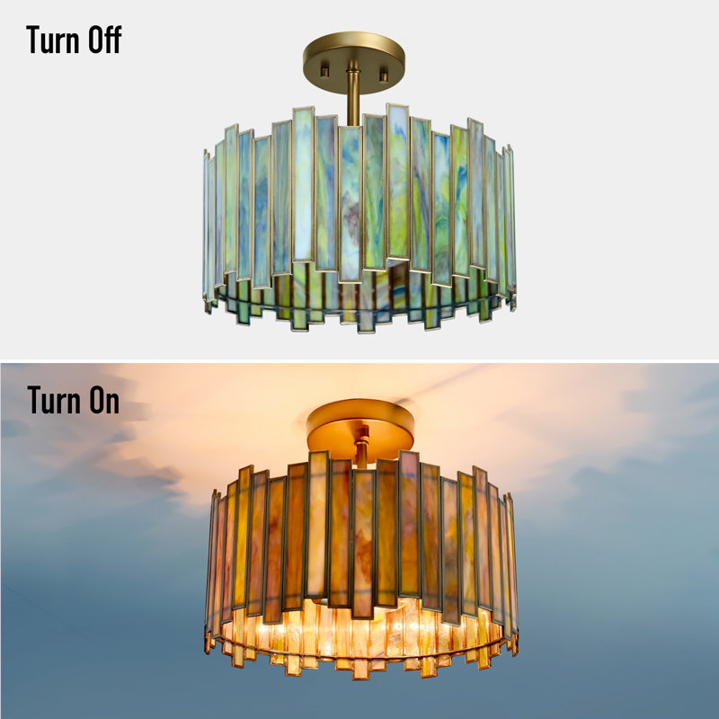 Plafonnier semi-encastré en vitrail, tambour fabriqué à la main de style Tiffany avec finition laiton