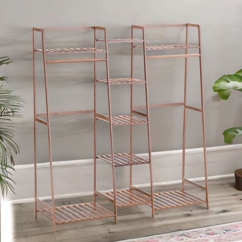 130cm Bamboo Open Wardrobe Garment Rail With Storage Shelves