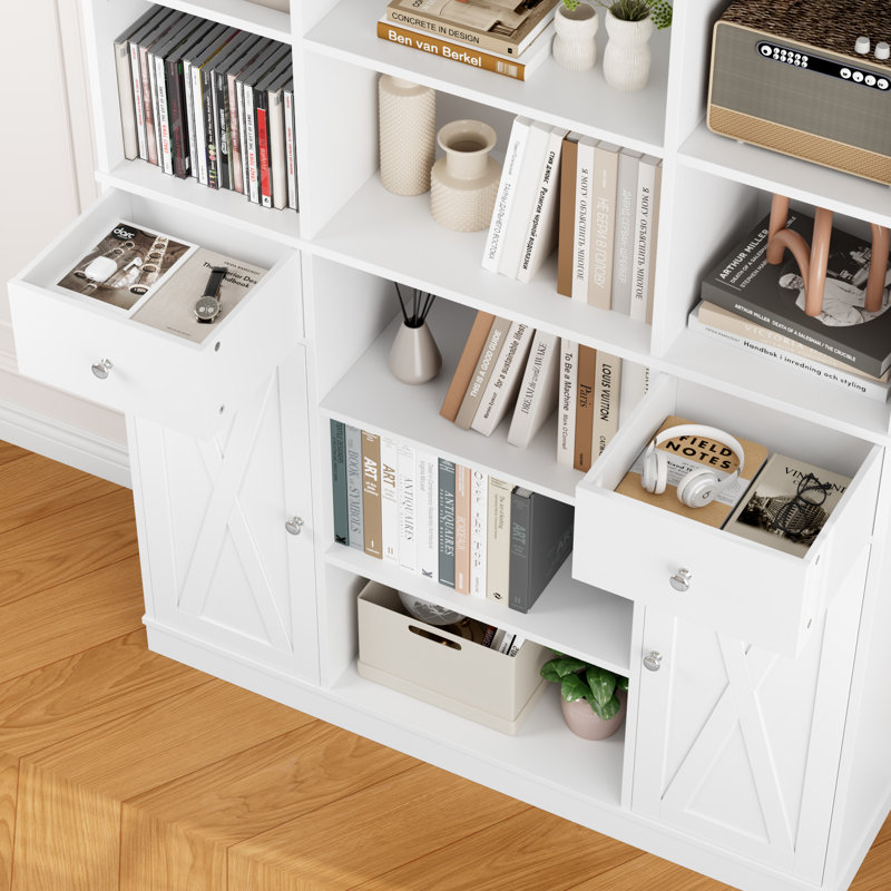 Bibliothèque 74,2 "H avec 12 tablettes ouvertes, 2 tiroirs et 2 armoires, Blanc