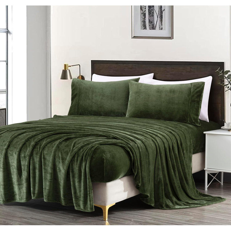 Soft Fleece Sheet Set, Olive, King Sheet Set with 2 Pillowcases