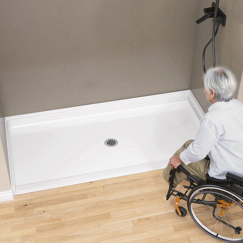 66'' W X 36'' D ADA Acrylic Alcove Shower Pan Single Threshold Handicapped Shower Base Rectangular White Shower Tray with Centre Drain & Non-Slip Design