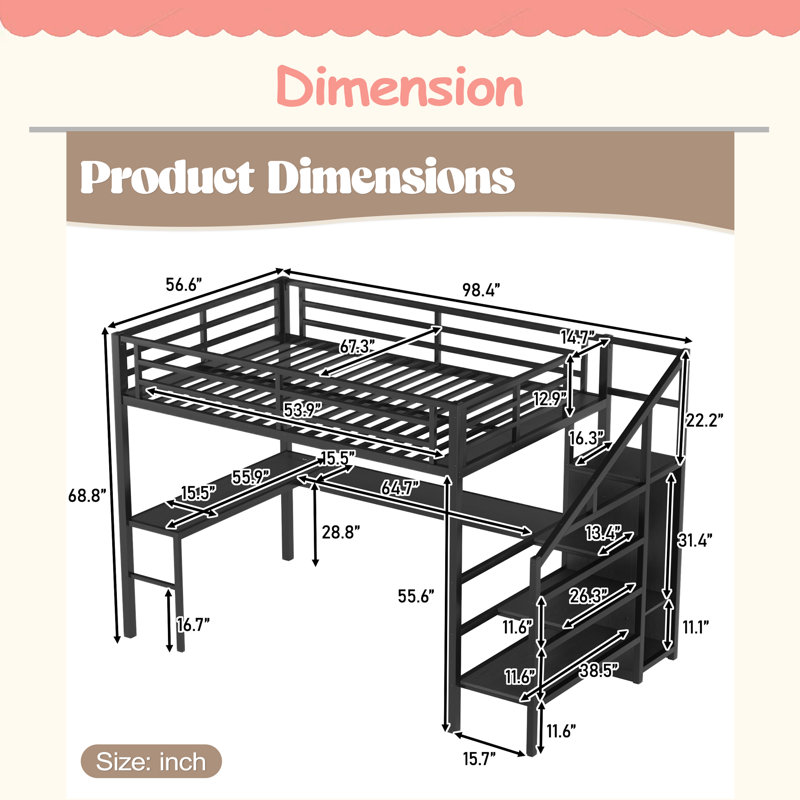 Lit double mezzanine double avec bureau en L et port USB