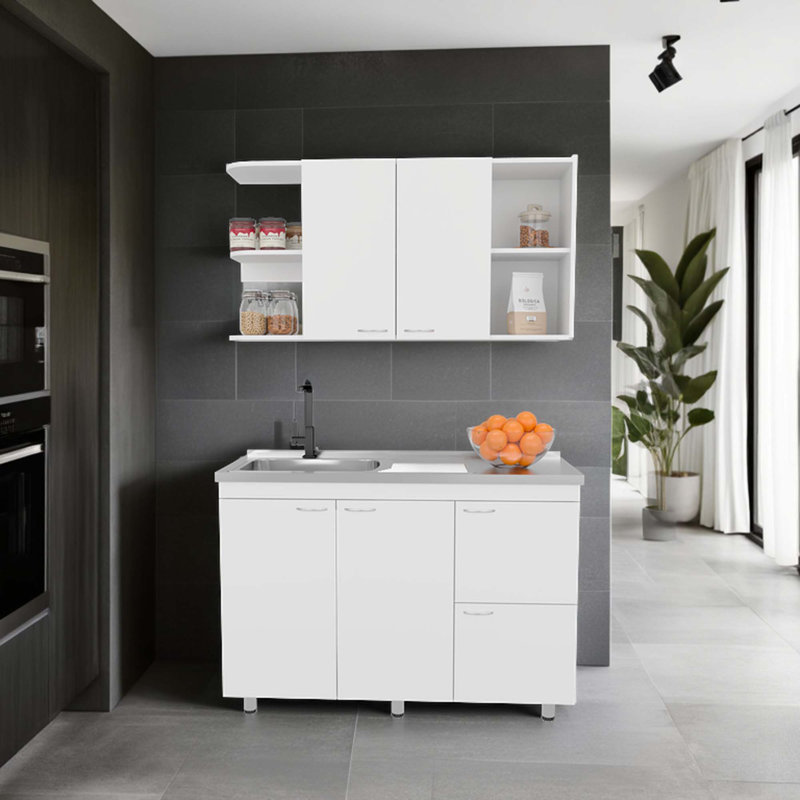 Ensemble d'armoires de cuisine Elica avec rangement supérieur et inférieur, 4 portes et tablettes ouvertes