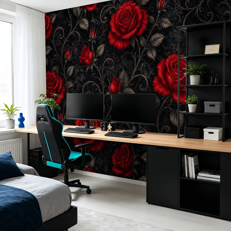Papier peint adhésif pelez et collez Roses rouges ornées de noir, art mural autoadhésif et amovible, 99.6" L x 144" W