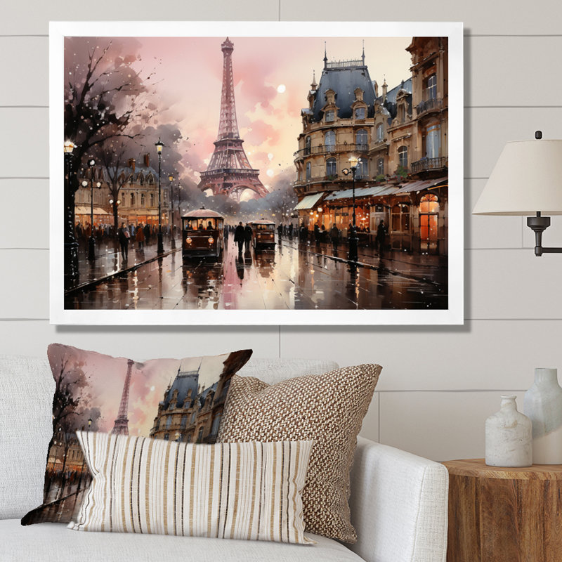 «Pink Twilight Rendezvous In Paris I», art mural de Paris pour le salon, H 34 po x l 44 po, Cadre photo unique, Blanc