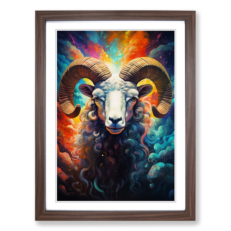 Ram Sheep Futurism - Single Picture Frame Print on Wood, 64cm H x 46cm W x 2cm D, Walnut