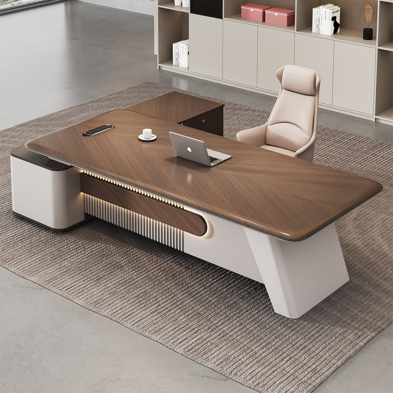 86,61 po Nouveau bureau de direction en forme de L brun de luxe de style chinois, H 29,53 po x l 86,61 po x P 62,99 po